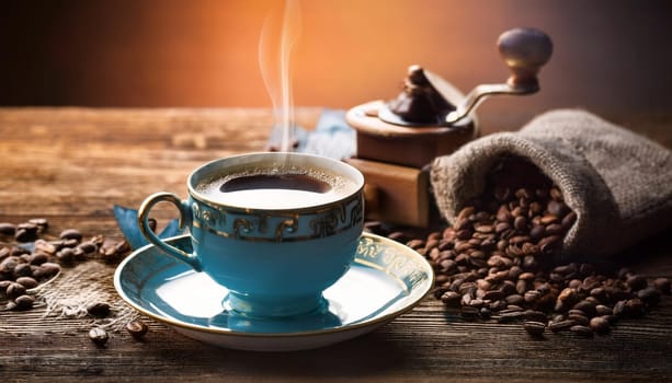 cup of coffee by roasted coffee beans, AI generated image