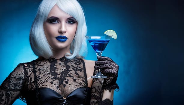 pretty young goth woman drinking, AI generated image