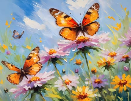 Colorful butterflies flutter gracefully above a vibrant array of wildflowers, creating a lively and cheerful atmosphere in a sunlit meadow. Generative AI.