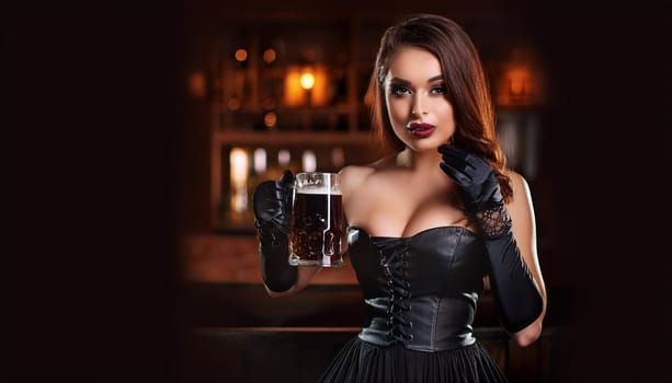 pretty young goth woman drinking beer in a pub, AI generated image