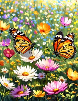 A group of striking butterflies dances gracefully around blooming flowers in a colorful garden. The bright blossoms create a lively atmosphere under the warm sunlight. Generative AI.