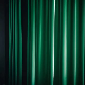 Curtain with soft smooth flowing folds. Deep green color and luxurious texture create a dramatic and elegant atmosphere. Decoration and interior design. Expensive curtain made of rich fabric. AI