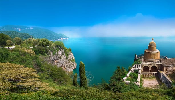 hill view landscape seascape with rotunda, AI generated image