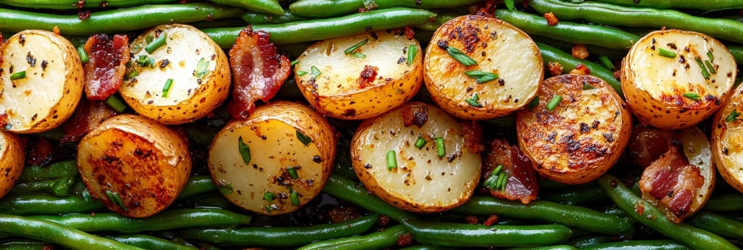 Rustic country-style dish with roasted new potatoes in a plate, tender green beans and crispy bacon bits. AI generative.
