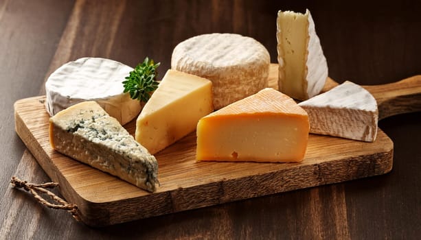 fine cheeses on a cutting board, AI generated image