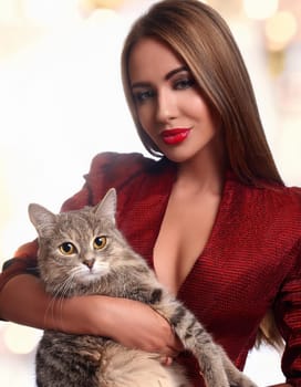 pretty young woman with a cat, AI generated image