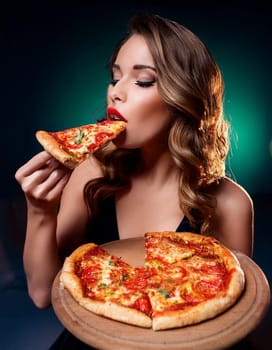 pretty young woman eating pizza margherita, AI generated image
