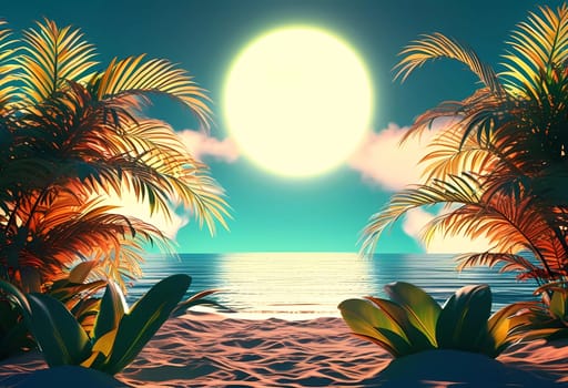 Framed by lush palm fronds, a tranquil beach reveals soft sand leading to clear blue waters, illuminated by evening sunny sky adorned with fluffy clouds. Generative AI.