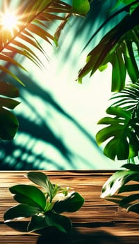 View of various tropical plants with striking green leaves, set against a vivid yellow orange backdrop, creating a lively indoor atmosphere filled with natural light. Copy space. Generative AI