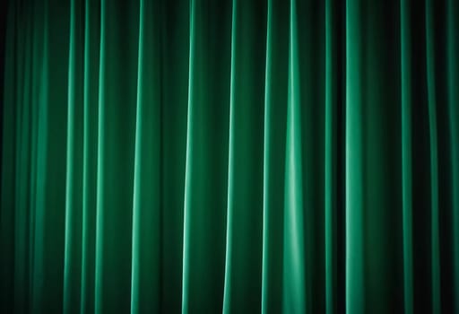 Curtain with soft smooth flowing folds. Deep green color and luxurious texture create a dramatic and elegant atmosphere. Decoration and interior design. Expensive curtain made of rich fabric. AI