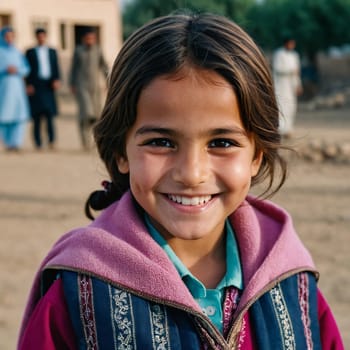 A young cute girl 5 years old from Afghanistan in national clothing smiles, showcasing her traditional attire, her expressive eyes reflecting her surroundings and culture. Generative AI.