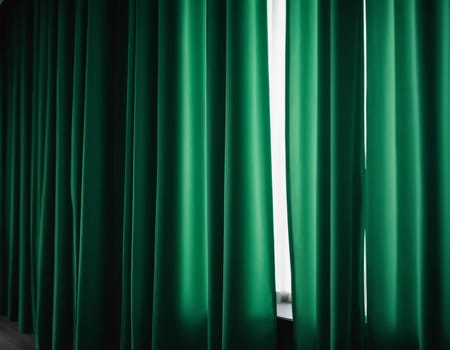 Curtain with soft smooth flowing folds. Deep green color and luxurious texture create a dramatic and elegant atmosphere. Decoration and interior design. Expensive curtain made of rich fabric. AI