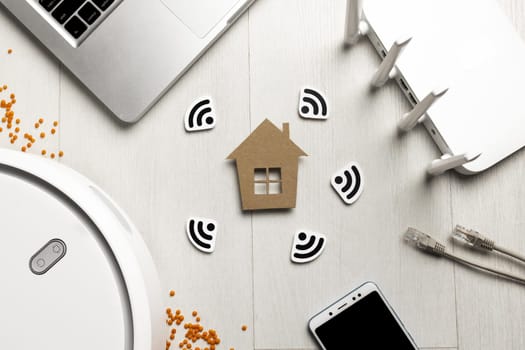 top view wi fi router with house figurine wireless controlled devices. Resolution and high quality beautiful photo