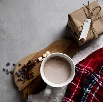 top view winter hygge elements with cup hot chocolate. Resolution and high quality beautiful photo