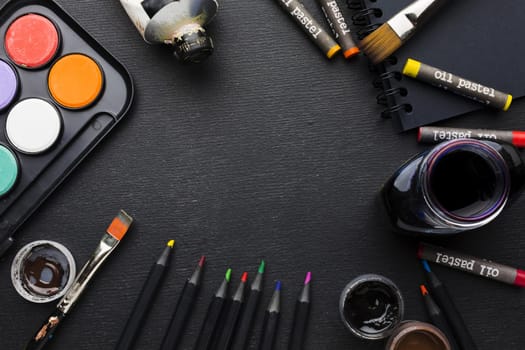 top view various brushes crayons. Resolution and high quality beautiful photo