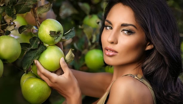 gorgeous young woman picking green apples from a tree, AI generated image