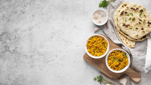 top view yellow rice pita arrangement. Resolution and high quality beautiful photo