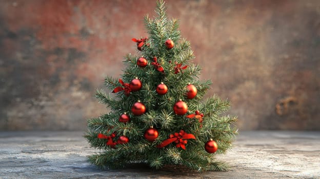 A lifelike 3D-rendered Christmas tree elegantly decorated with vibrant red ornaments. This festive display captures the holiday spirit with striking detail and color, showcasing the beauty of each ornament against the rich green branches.A lifelike 3D-rendered Christmas tree elegantly decorated with vibrant red ornaments. This festive display captures the holiday spirit with striking detail and color, showcasing the beauty of each ornament against the rich green branches.