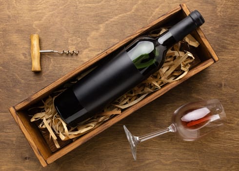 top view wine bottle glass with corkscrew. Resolution and high quality beautiful photo