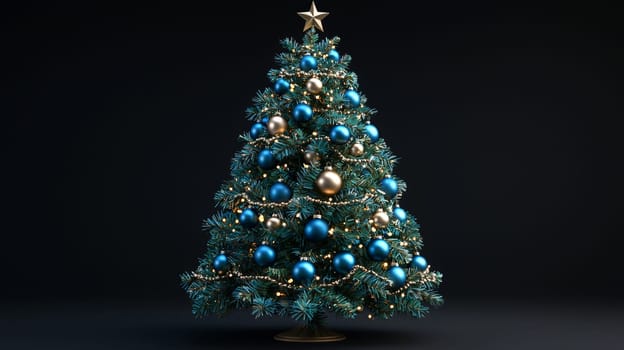 A stunning 3D-rendered Christmas tree adorned with vivid blue ornaments, capturing the holiday essence with rich color and intricate detail. This festive scene highlights the elegance of bright blue decorations contrasting beautifully against lush green branches.