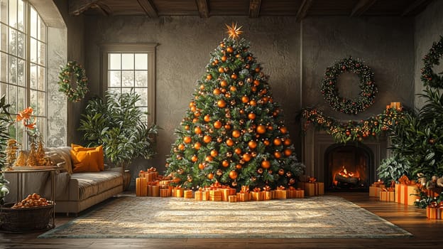 A stunning 3D-rendered Christmas tree, lavishly decorated with vibrant orange ornaments, creating a warm and festive holiday atmosphere. The graphic emphasizes the tree’s texture and detail, highlighting the beauty of each bright orange ball against lush green branches.