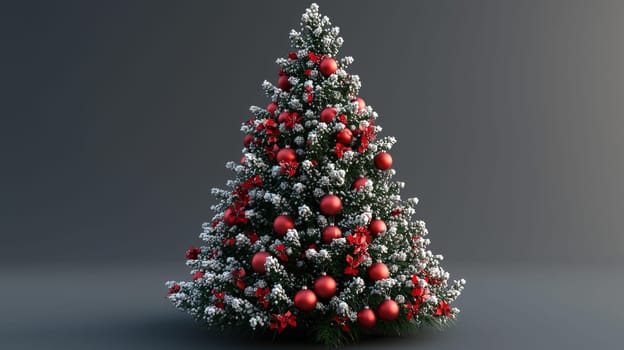 A lifelike 3D-rendered Christmas tree elegantly decorated with vibrant red ornaments. This festive display captures the holiday spirit with striking detail and color, showcasing the beauty of each ornament against the rich green branches.A lifelike 3D-rendered Christmas tree elegantly decorated with vibrant red ornaments. This festive display captures the holiday spirit with striking detail and color, showcasing the beauty of each ornament against the rich green branches.