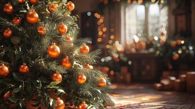 A stunning 3D-rendered Christmas tree, lavishly decorated with vibrant orange ornaments, creating a warm and festive holiday atmosphere. The graphic emphasizes the tree’s texture and detail, highlighting the beauty of each bright orange ball against lush green branches.