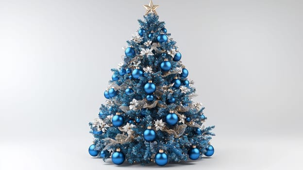 A stunning 3D-rendered Christmas tree adorned with vivid blue ornaments, capturing the holiday essence with rich color and intricate detail. This festive scene highlights the elegance of bright blue decorations contrasting beautifully against lush green branches.