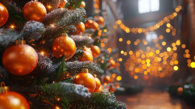A stunning 3D-rendered Christmas tree, lavishly decorated with vibrant orange ornaments, creating a warm and festive holiday atmosphere. The graphic emphasizes the tree’s texture and detail, highlighting the beauty of each bright orange ball against lush green branches.