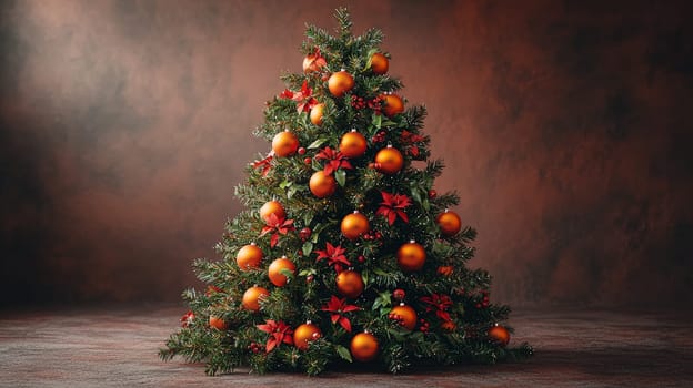 A stunning 3D-rendered Christmas tree, lavishly decorated with vibrant orange ornaments, creating a warm and festive holiday atmosphere. The graphic emphasizes the tree’s texture and detail, highlighting the beauty of each bright orange ball against lush green branches.