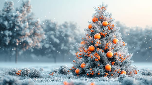 A stunning 3D-rendered Christmas tree, lavishly decorated with vibrant orange ornaments, creating a warm and festive holiday atmosphere. The graphic emphasizes the tree’s texture and detail, highlighting the beauty of each bright orange ball against lush green branches.