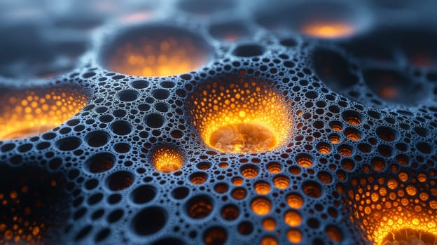 A mesmerizing close-up of filigree fractal biogen nanostructures, featuring glowing hexagonal holes. The intricate patterns exhibit high resolution and exceptional detail, with vibrant glowing effects contrasting against the dark background. The image showcases the elegance and complexity of nanotechnology, emphasizing its beauty in a hyper-realistic, high-contrast format.