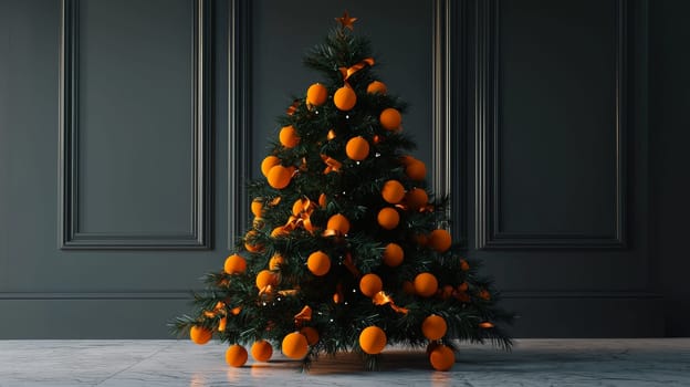 A stunning 3D-rendered Christmas tree, lavishly decorated with vibrant orange ornaments, creating a warm and festive holiday atmosphere. The graphic emphasizes the tree’s texture and detail, highlighting the beauty of each bright orange ball against lush green branches.