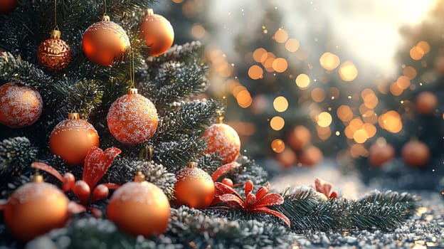 A stunning 3D-rendered Christmas tree, lavishly decorated with vibrant orange ornaments, creating a warm and festive holiday atmosphere. The graphic emphasizes the tree’s texture and detail, highlighting the beauty of each bright orange ball against lush green branches.
