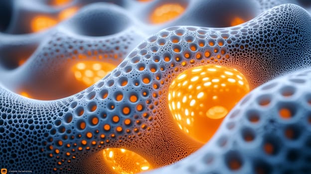 A mesmerizing close-up of filigree fractal biogen nanostructures, featuring glowing hexagonal holes. The intricate patterns exhibit high resolution and exceptional detail, with vibrant glowing effects contrasting against the dark background. The image showcases the elegance and complexity of nanotechnology, emphasizing its beauty in a hyper-realistic, high-contrast format.