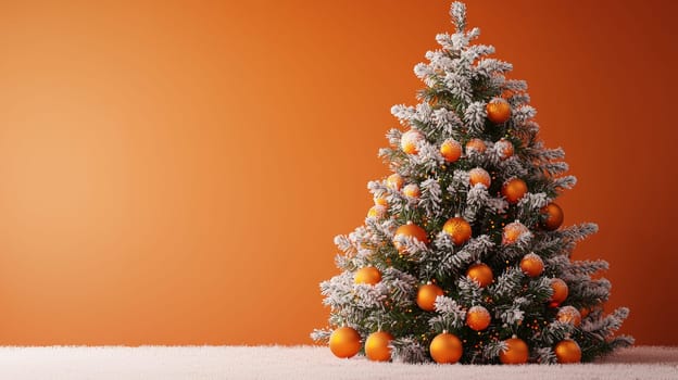 A stunning 3D-rendered Christmas tree, lavishly decorated with vibrant orange ornaments, creating a warm and festive holiday atmosphere. The graphic emphasizes the tree’s texture and detail, highlighting the beauty of each bright orange ball against lush green branches.