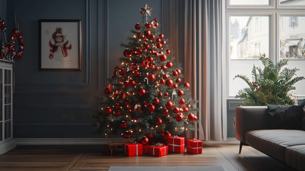 A lifelike 3D-rendered Christmas tree elegantly decorated with vibrant red ornaments. This festive display captures the holiday spirit with striking detail and color, showcasing the beauty of each ornament against the rich green branches.A lifelike 3D-rendered Christmas tree elegantly decorated with vibrant red ornaments. This festive display captures the holiday spirit with striking detail and color, showcasing the beauty of each ornament against the rich green branches.