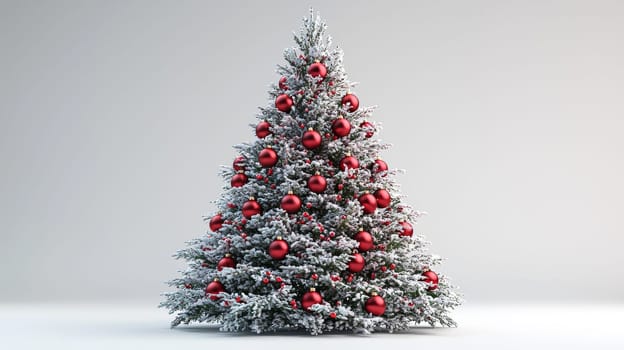A lifelike 3D-rendered Christmas tree elegantly decorated with vibrant red ornaments. This festive display captures the holiday spirit with striking detail and color, showcasing the beauty of each ornament against the rich green branches.A lifelike 3D-rendered Christmas tree elegantly decorated with vibrant red ornaments. This festive display captures the holiday spirit with striking detail and color, showcasing the beauty of each ornament against the rich green branches.