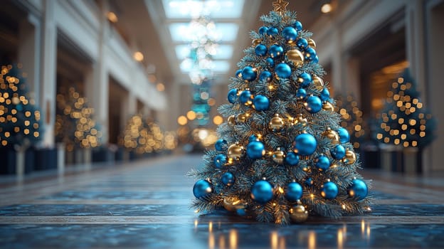 A stunning 3D-rendered Christmas tree adorned with vivid blue ornaments, capturing the holiday essence with rich color and intricate detail. This festive scene highlights the elegance of bright blue decorations contrasting beautifully against lush green branches.