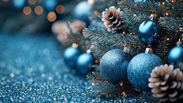 A stunning 3D-rendered Christmas tree adorned with vivid blue ornaments, capturing the holiday essence with rich color and intricate detail. This festive scene highlights the elegance of bright blue decorations contrasting beautifully against lush green branches.