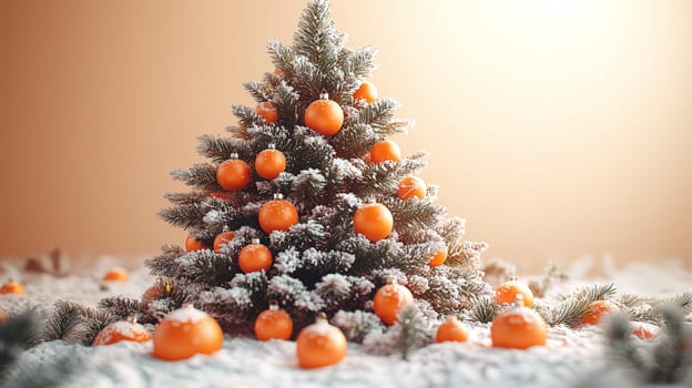 A stunning 3D-rendered Christmas tree, lavishly decorated with vibrant orange ornaments, creating a warm and festive holiday atmosphere. The graphic emphasizes the tree’s texture and detail, highlighting the beauty of each bright orange ball against lush green branches.