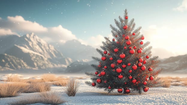 A lifelike 3D-rendered Christmas tree elegantly decorated with vibrant red ornaments. This festive display captures the holiday spirit with striking detail and color, showcasing the beauty of each ornament against the rich green branches.A lifelike 3D-rendered Christmas tree elegantly decorated with vibrant red ornaments. This festive display captures the holiday spirit with striking detail and color, showcasing the beauty of each ornament against the rich green branches.