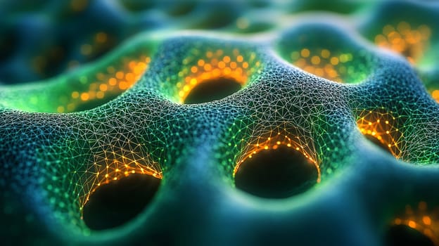 A highly detailed, high-resolution visualization of green filigree fractal nanostructures featuring glowing hexagonal holes. This captivating image showcases intricate bio-inspired patterns, emphasizing depth and contrast in a microscopic world.