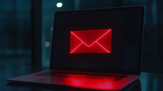 A close-up photo of a laptop screen displaying a red envelope icon, symbolizing a phishing email alert. This powerful visual emphasizes the importance of cybersecurity and awareness of phishing scams.
