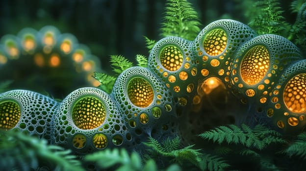 A highly detailed, high-resolution visualization of green filigree fractal nanostructures featuring glowing hexagonal holes. This captivating image showcases intricate bio-inspired patterns, emphasizing depth and contrast in a microscopic world.