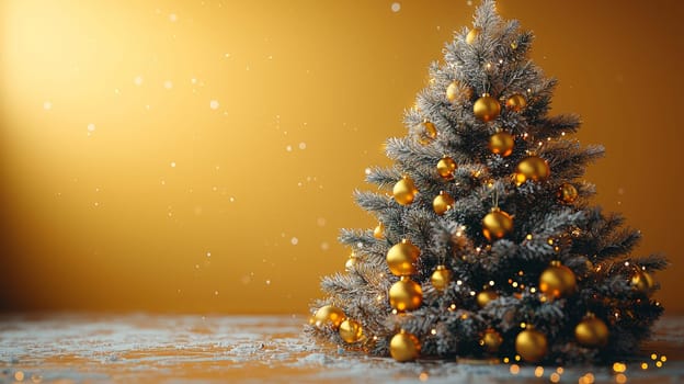 A stunning 3D graphic of a Christmas tree adorned with radiant gold ornaments, set against a rich gold background. This luxurious and festive scene captures the spirit of the holiday season in warm, golden tones.
