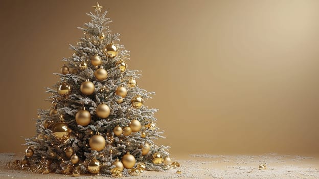 A stunning 3D graphic of a Christmas tree adorned with radiant gold ornaments, set against a rich gold background. This luxurious and festive scene captures the spirit of the holiday season in warm, golden tones.