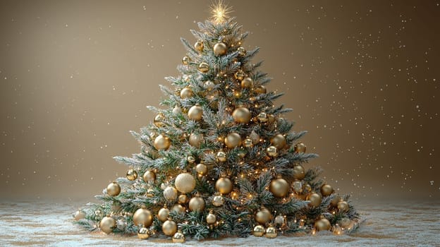A stunning 3D graphic of a Christmas tree adorned with radiant gold ornaments, set against a rich gold background. This luxurious and festive scene captures the spirit of the holiday season in warm, golden tones.