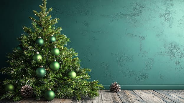 A detailed 3D graphic of a Christmas tree decorated with bright green ornaments, set against a rich green background. This monochromatic holiday scene highlights the harmony of natural and festive shades, perfect for celebrating the season.