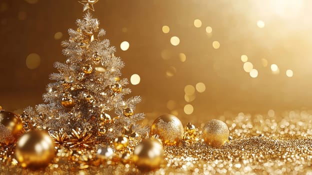 A stunning 3D graphic of a Christmas tree adorned with radiant gold ornaments, set against a rich gold background. This luxurious and festive scene captures the spirit of the holiday season in warm, golden tones.